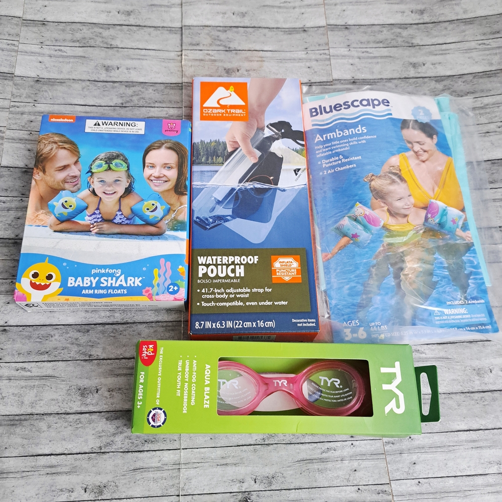 Lot of 4 KidsTYR Aqua Blaze Swim Goggles, Baby Shark Arm Ring Floats, & Armbands